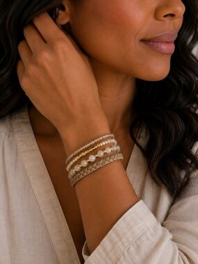 Multi-Strand Pearl & Braided Beige Bracelet Set With Magnetic Closure